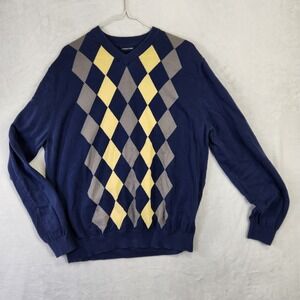 Structure Mens Argyle V-Neck Sweater Navy Blue Yellow Grey 100% Cotton‎ XL